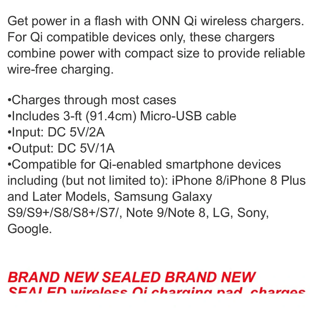 ONN 5 Watts NIB Wireless Charging Pad IPhone Samsung Google & Other Qi-Enabled